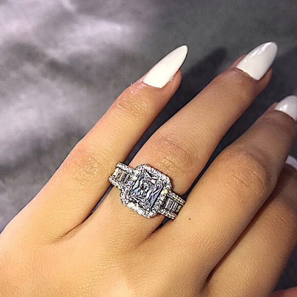 Sterling Silver Princess Cut Halo Baguette Diamond Ring - Picture 2 of 9